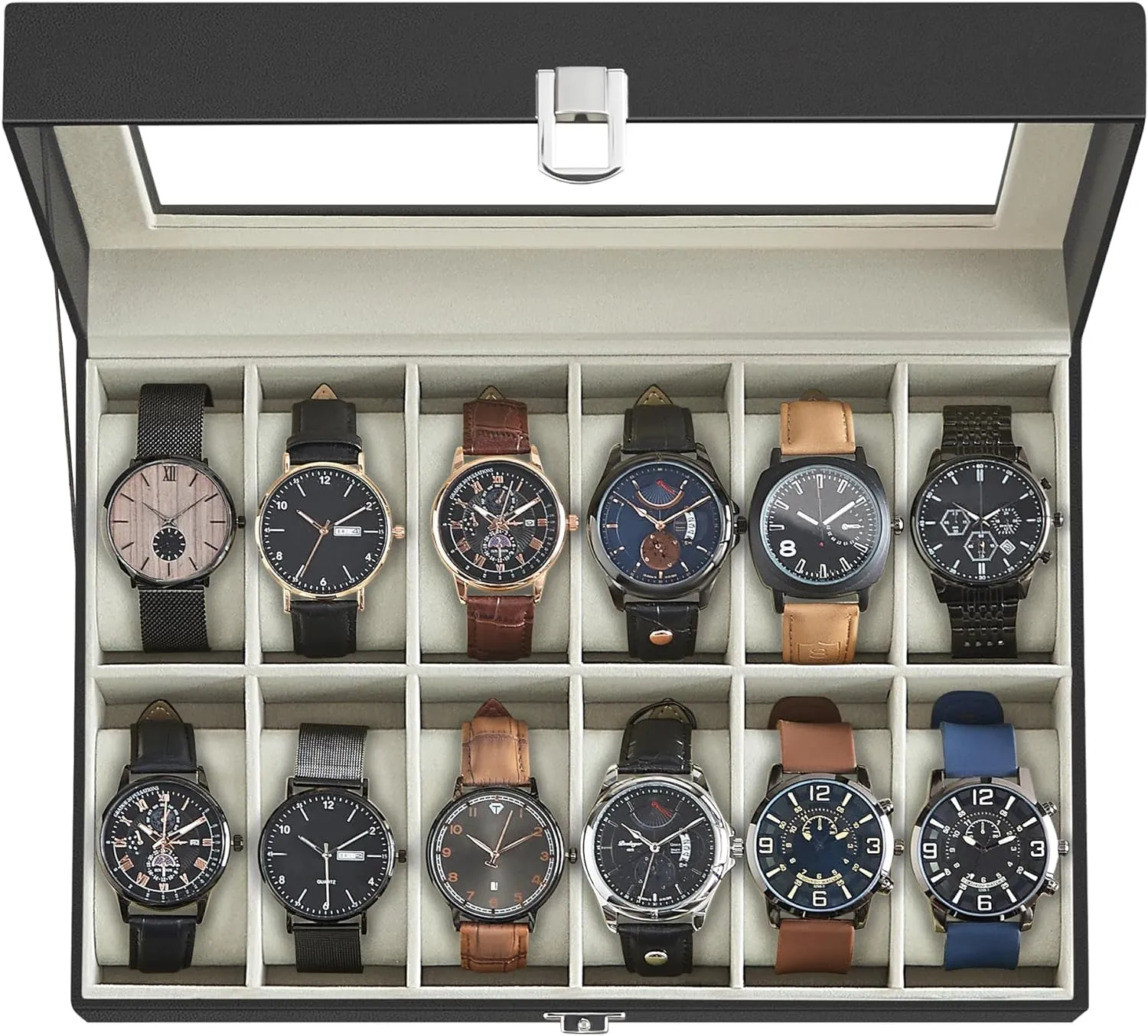 SONGMICS Watch Box, 12-Slot Watch Case with Large Glass Lid, Removable Watch Pillows, Watch Box Organizer, Gift for Loved Ones, Black Synthetic Leather, Greenish Beige Lining UJWB12BE