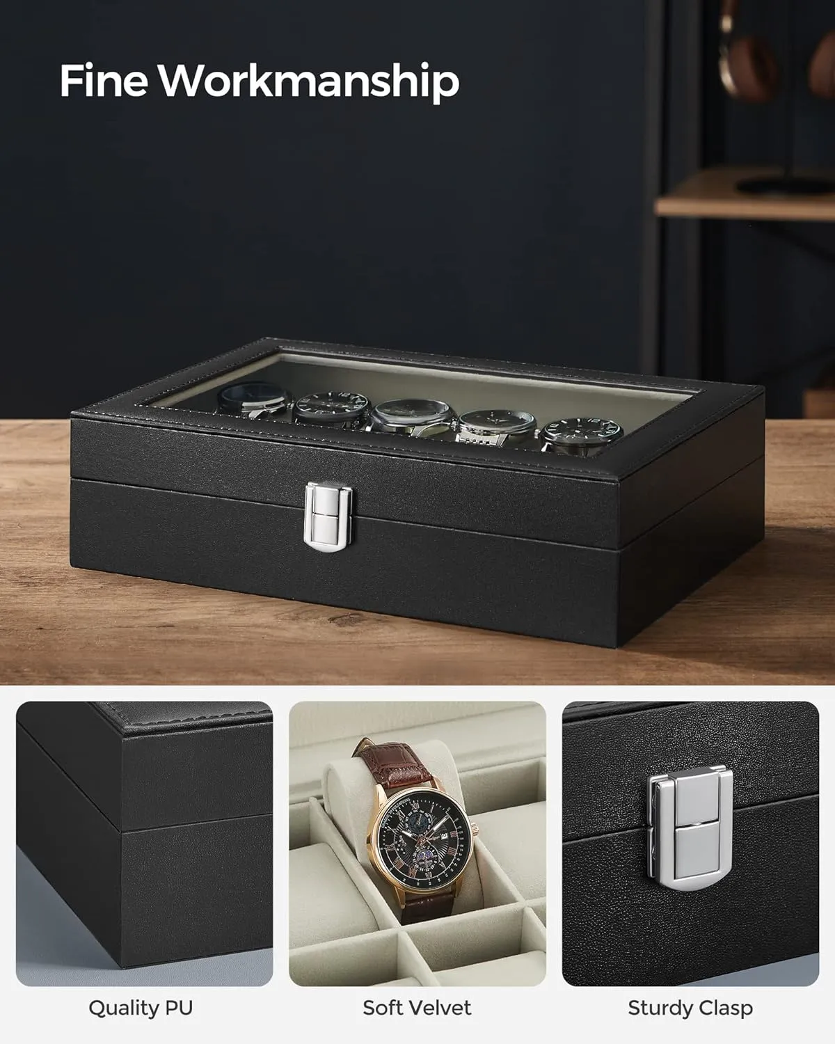 SONGMICS Watch Box, 12-Slot Watch Case with Large Glass Lid, Removable Watch Pillows, Watch Box Organizer, Gift for Loved Ones, Black Synthetic Leather, Greenish Beige Lining UJWB12BE