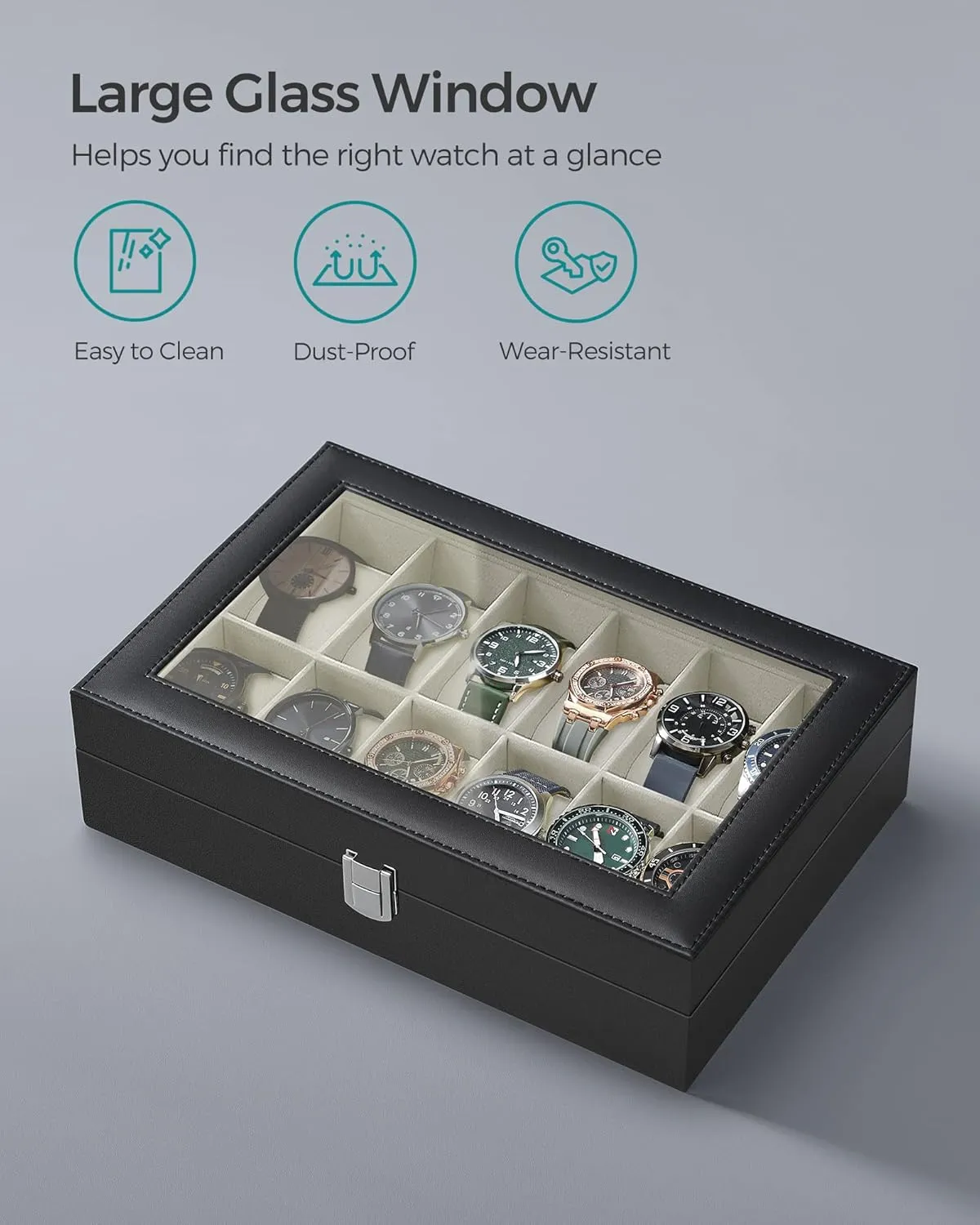 SONGMICS Watch Box, 12-Slot Watch Case with Large Glass Lid, Removable Watch Pillows, Watch Box Organizer, Gift for Loved Ones, Black Synthetic Leather, Greenish Beige Lining UJWB12BE