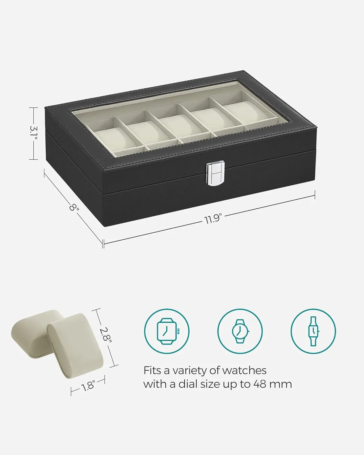 SONGMICS Watch Box, 12-Slot Watch Case with Large Glass Lid, Removable Watch Pillows, Watch Box Organizer, Gift for Loved Ones, Black Synthetic Leather, Greenish Beige Lining UJWB12BE