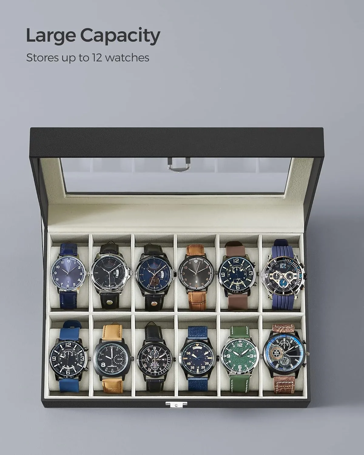 SONGMICS Watch Box, 12-Slot Watch Case with Large Glass Lid, Removable Watch Pillows, Watch Box Organizer, Gift for Loved Ones, Black Synthetic Leather, Greenish Beige Lining UJWB12BE