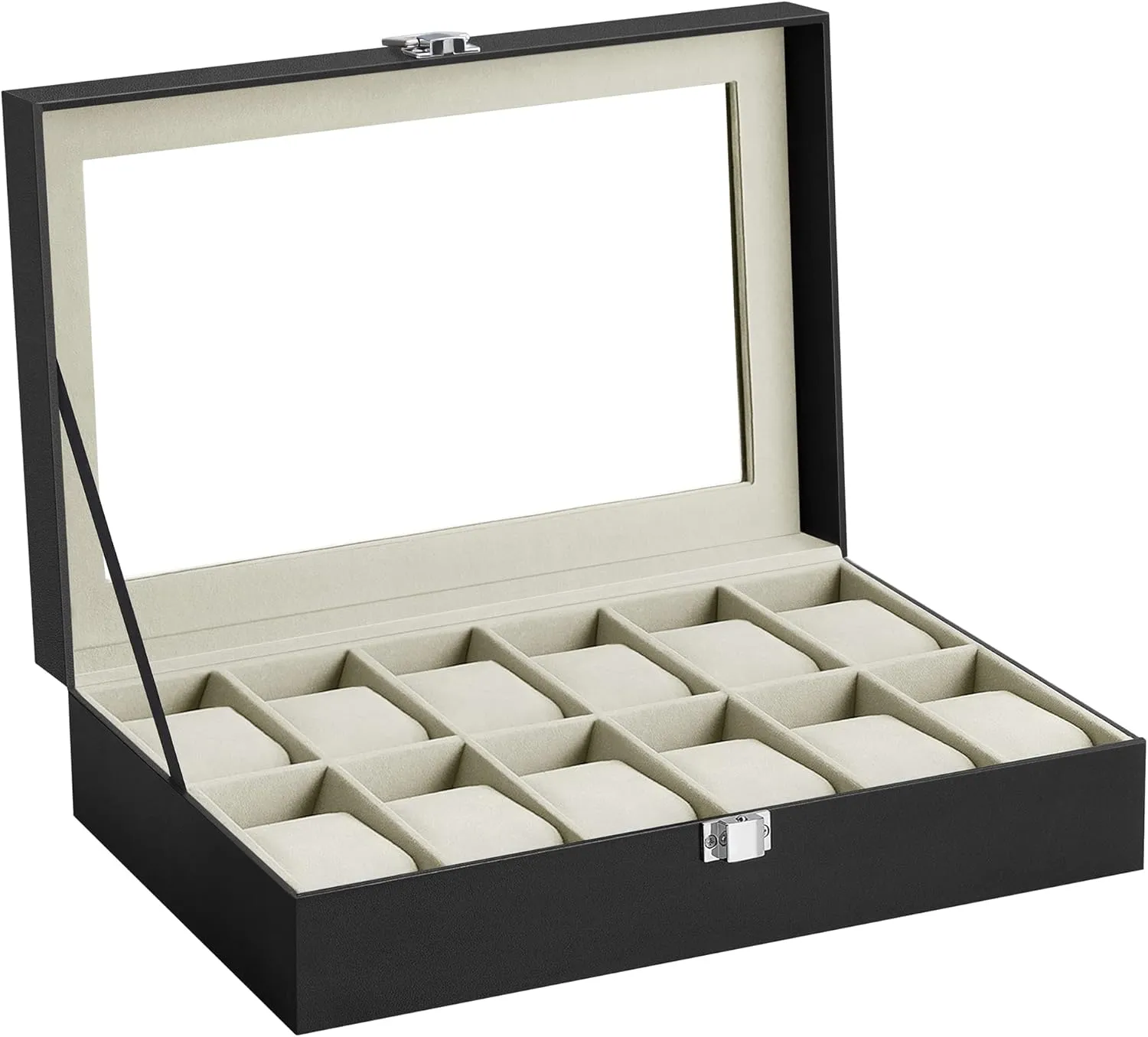 SONGMICS Watch Box, 12-Slot Watch Case with Large Glass Lid, Removable Watch Pillows, Watch Box Organizer, Gift for Loved Ones, Black Synthetic Leather, Greenish Beige Lining UJWB12BE