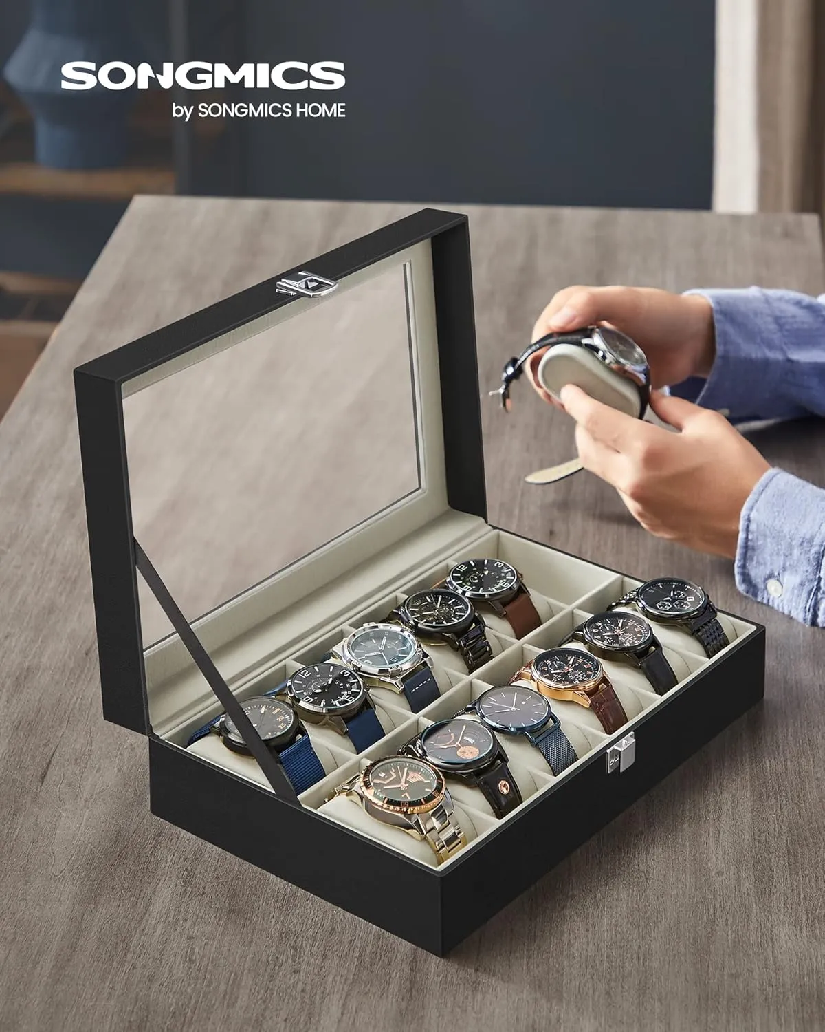 SONGMICS Watch Box, 12-Slot Watch Case with Large Glass Lid, Removable Watch Pillows, Watch Box Organizer, Gift for Loved Ones, Black Synthetic Leather, Greenish Beige Lining UJWB12BE