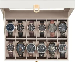 SONGMICS Watch Box, 12-Slot Watch Case with Large Glass Lid, Removable Watch Pillows, Watch Box Organizer, Gift for Loved Ones, Cloud White Synthetic Leather, Cappuccino Beige Lining UJWB120W01