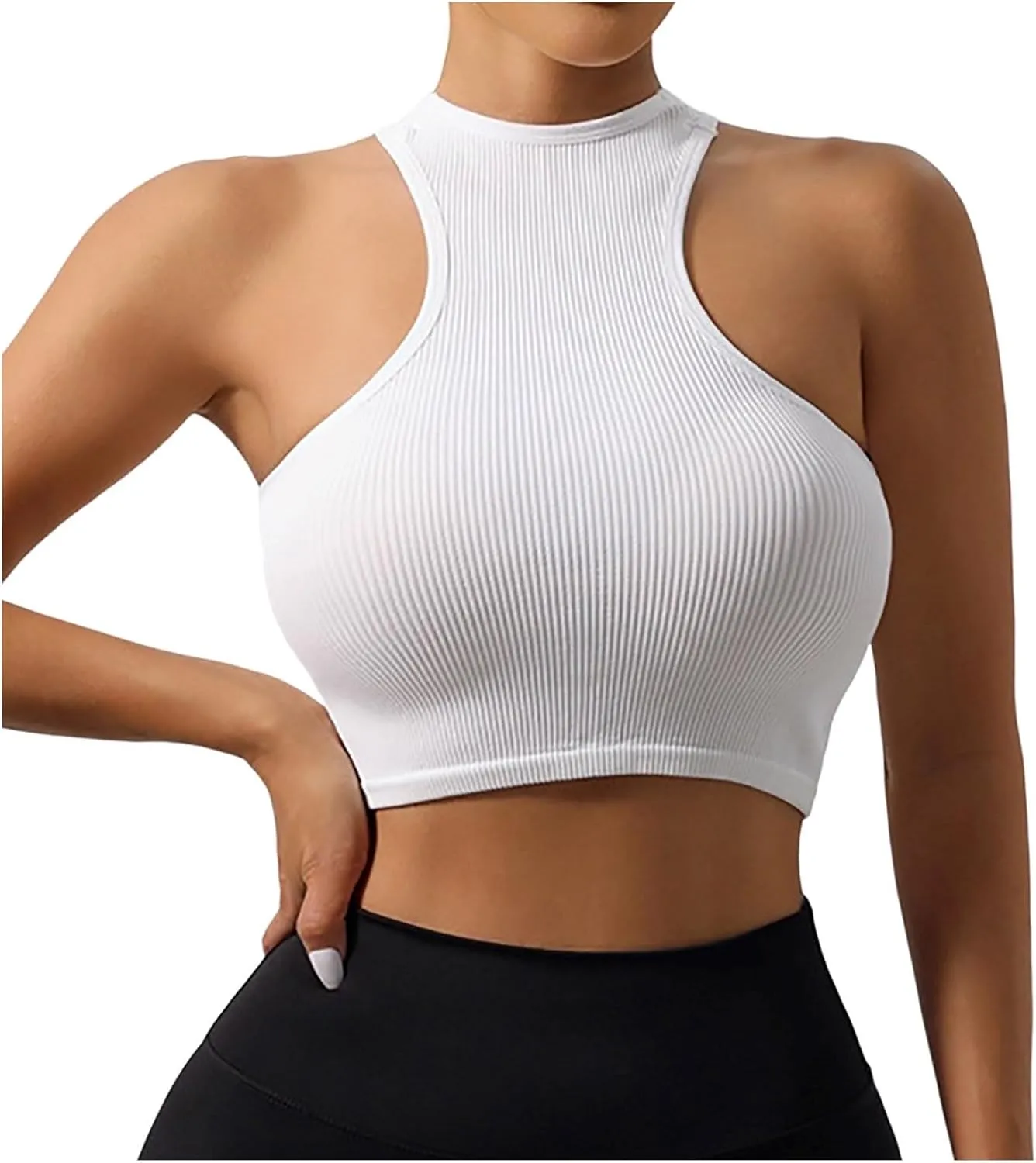 Sports Bras for Women Push Up Ribbed Knit Padded Comfort Racerback Spaghetti Thin Strap Workout Yoga Gym Fitness Tops