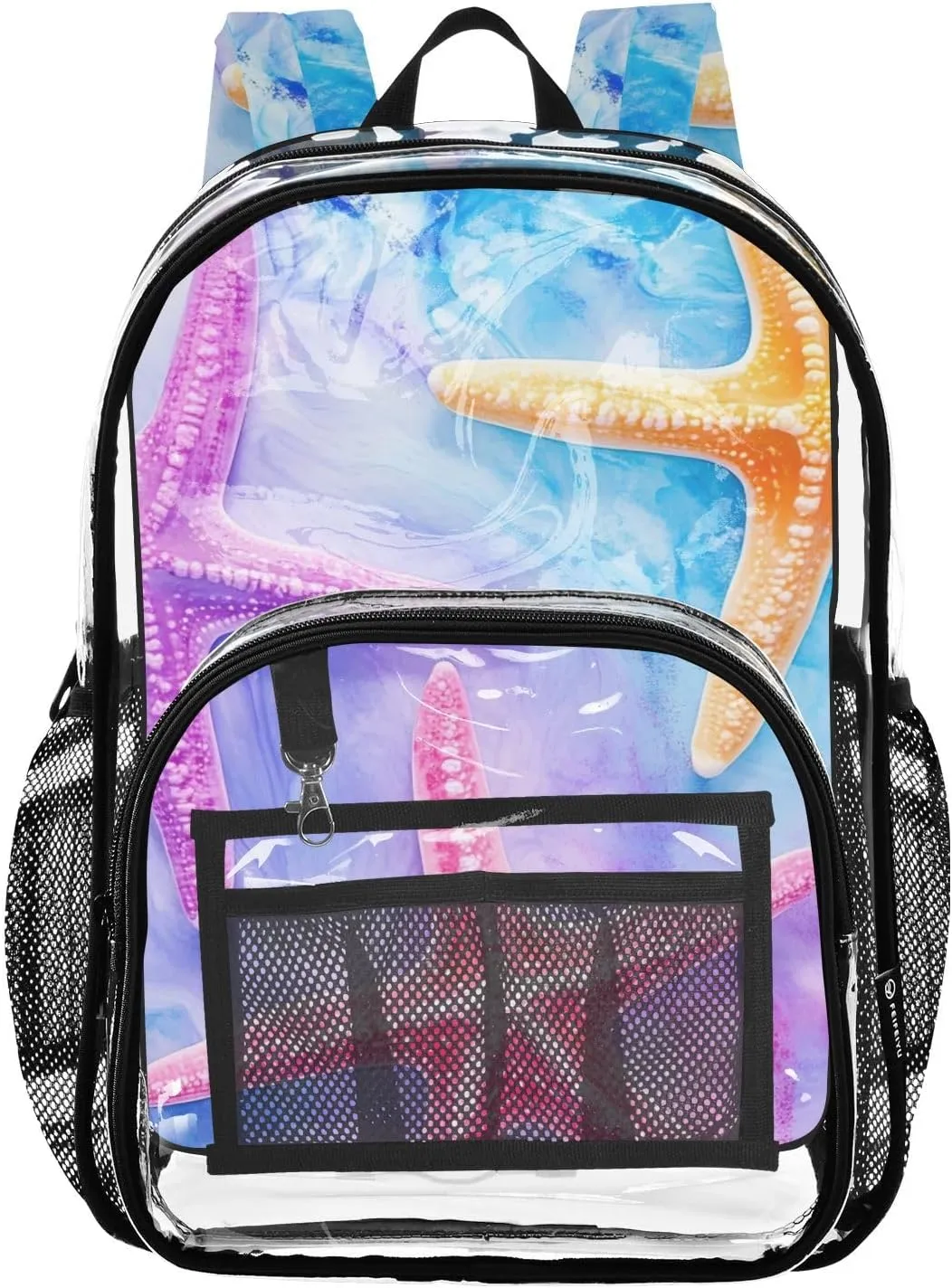 Starfish Clear Plastic Backpack - Transparent PVC Heavy Duty Bag with Large Main Pocket and Mesh Pockets - Ideal for School, Travel, Outings - Clear Backpack for School and Everyday Use