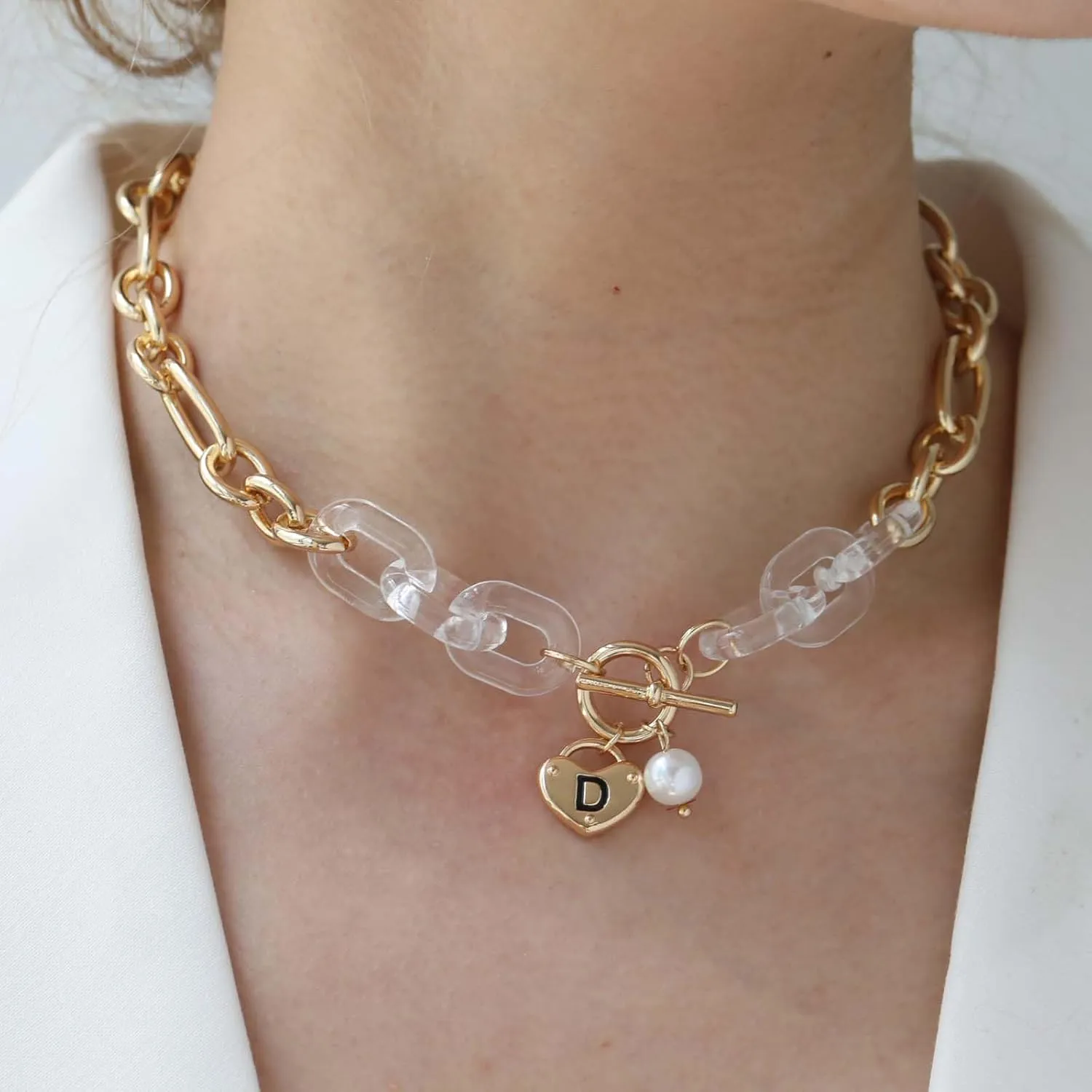 Statement Chunky Chain Initial Necklace,Letter A-Z OT Clasp Pearl Accent Trendy Initial Choker,Jewelry Gift for Women