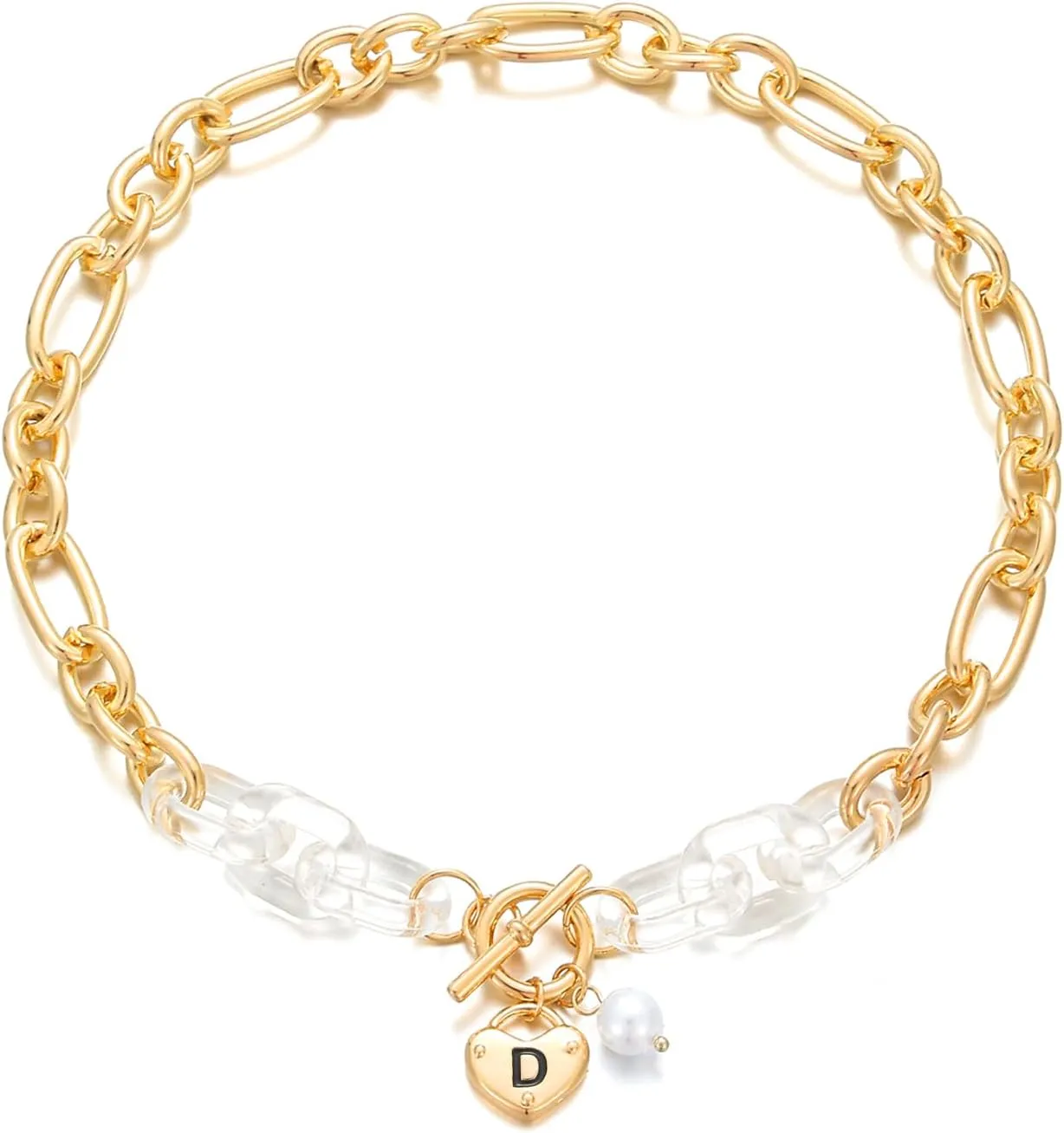 Statement Chunky Chain Initial Necklace,Letter A-Z OT Clasp Pearl Accent Trendy Initial Choker,Jewelry Gift for Women