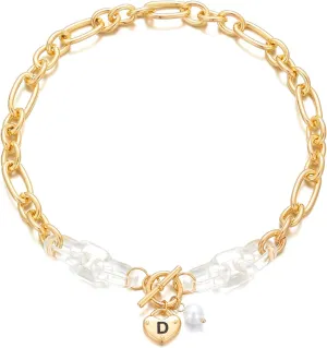 Statement Chunky Chain Initial Necklace,Letter A-Z OT Clasp Pearl Accent Trendy Initial Choker,Jewelry Gift for Women