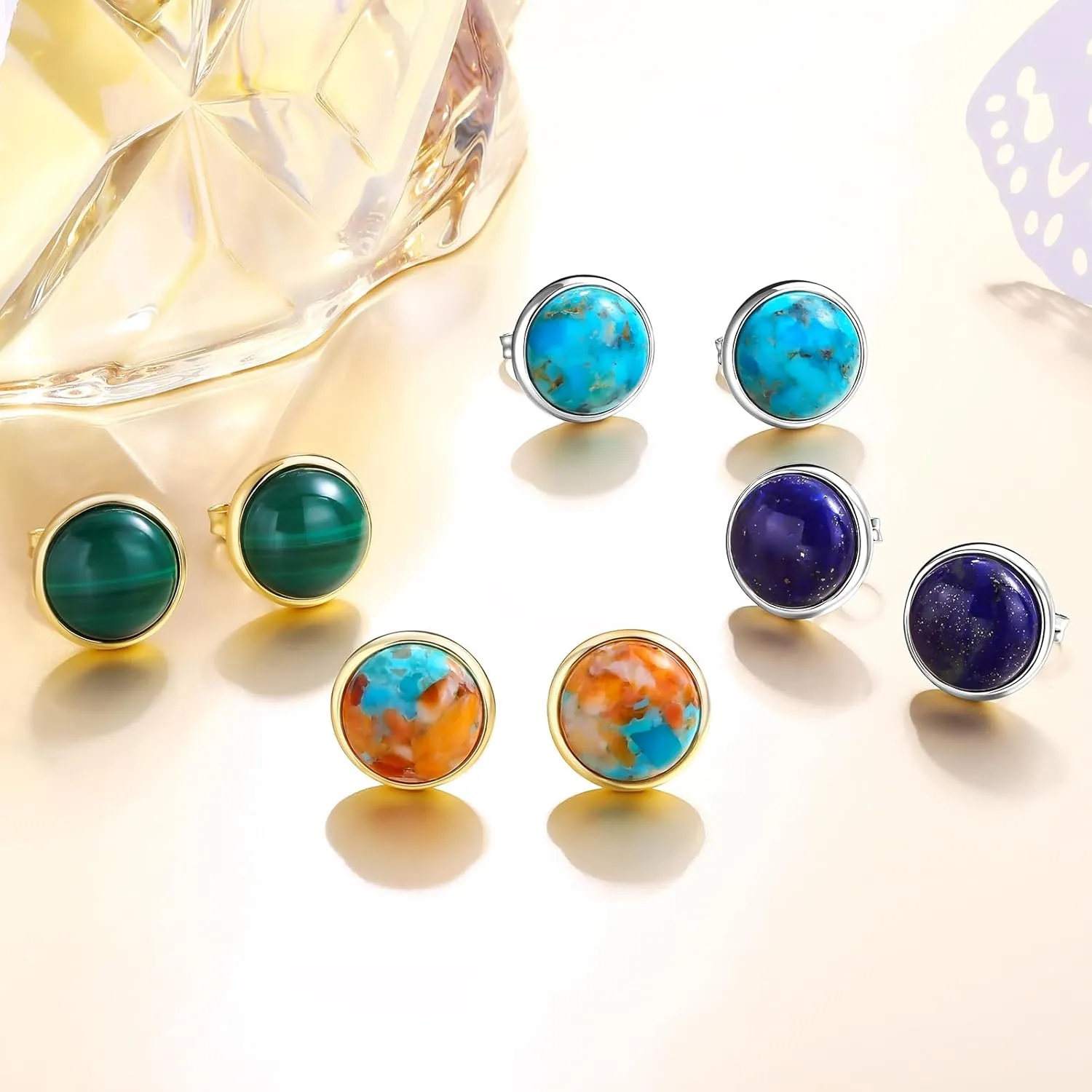 Sterling Silver 10mm Round Shape Cabochon Gemstone Stud Earrings Yellow Gold Earring Posts Turquoise/Lapis Lazuli/Malachite Earrings Studs