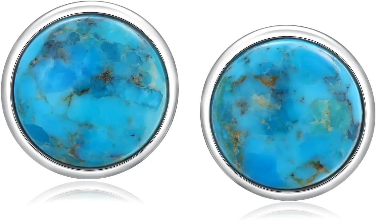 Sterling Silver 10mm Round Shape Cabochon Gemstone Stud Earrings Yellow Gold Earring Posts Turquoise/Lapis Lazuli/Malachite Earrings Studs