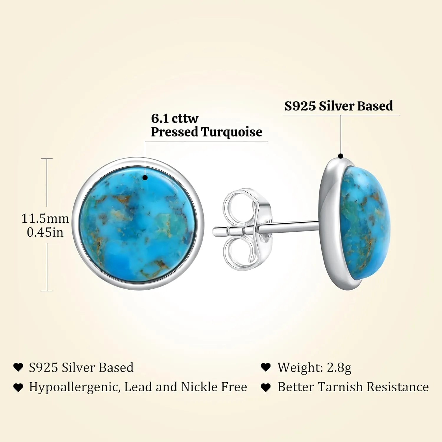 Sterling Silver 10mm Round Shape Cabochon Gemstone Stud Earrings Yellow Gold Earring Posts Turquoise/Lapis Lazuli/Malachite Earrings Studs