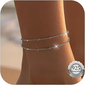 Sterling Silver Ankle Bracelets for Women 14K Gold Plated Beads Chain Anklets Adjustable Waterproof Layered Summer Beach Anklets for Women