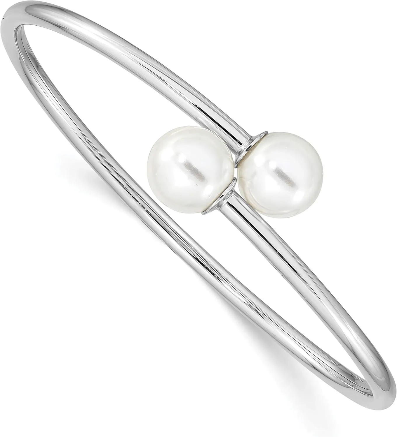 Sterling Silver Rh-plat 10-11mm Wht Imitat Shell Pearl Bangle Bracelet