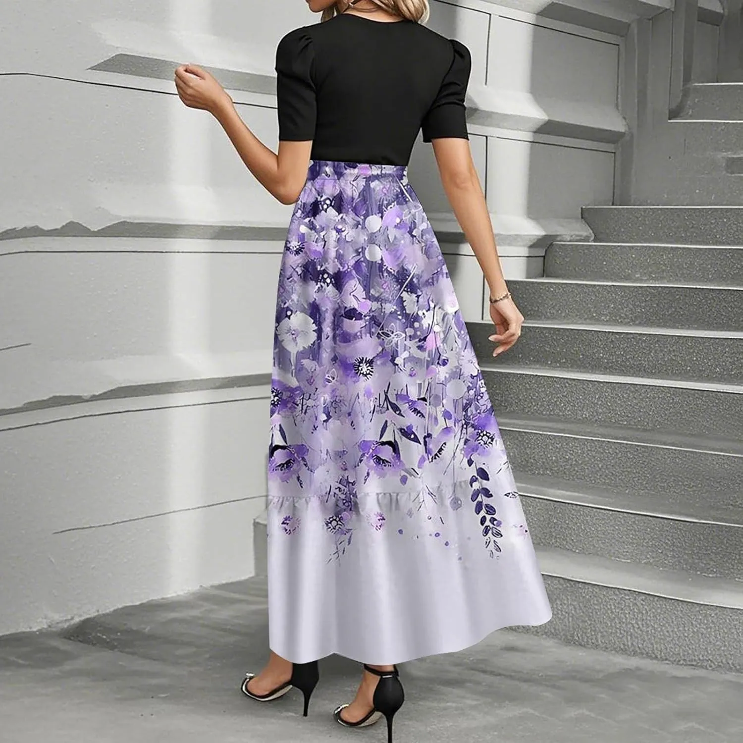 Summer Dresses for Women 2025 Short Sleeve Flowy Maxi Dress Casual Patchwork A Line Elegant Sundresses