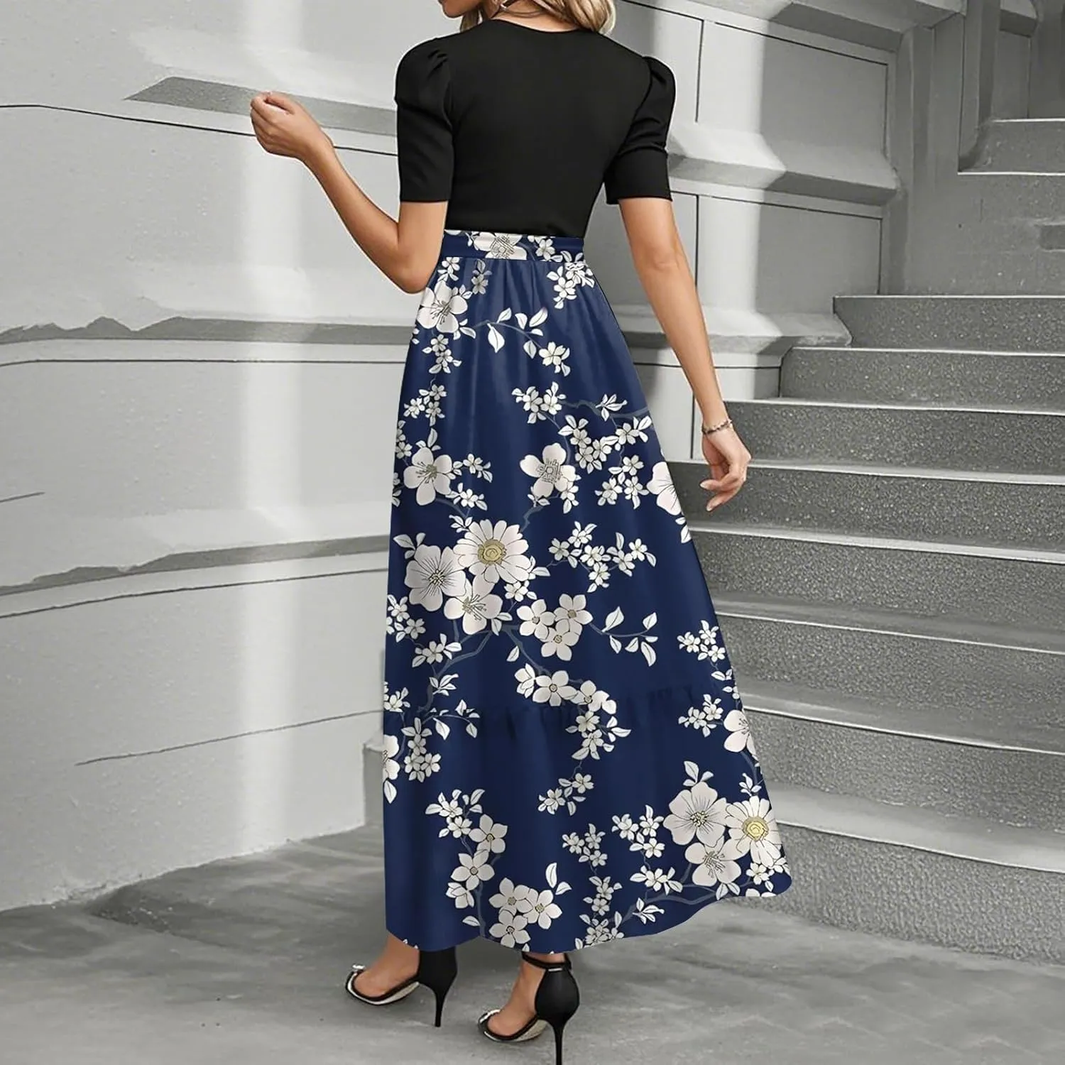 Summer Dresses for Women 2025 Short Sleeve Flowy Maxi Dress Casual Patchwork A Line Elegant Sundresses