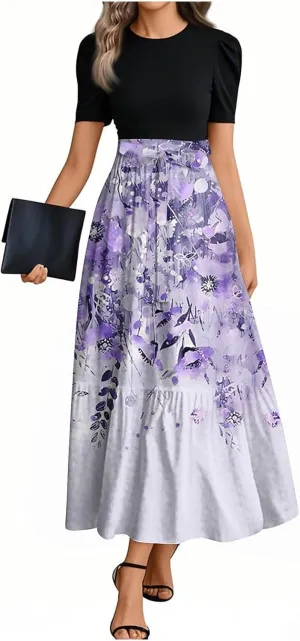 Summer Dresses for Women 2025 Short Sleeve Flowy Maxi Dress Casual Patchwork A Line Elegant Sundresses
