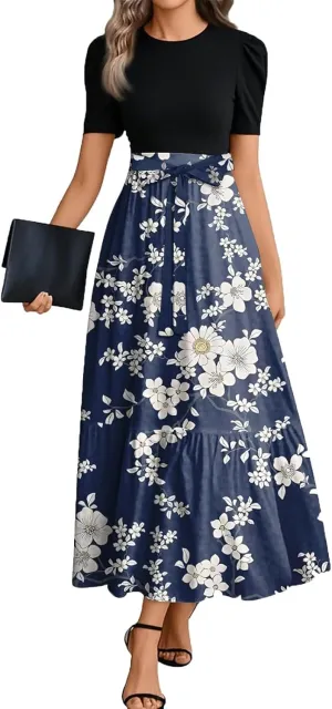 Summer Dresses for Women 2025 Short Sleeve Flowy Maxi Dress Casual Patchwork A Line Elegant Sundresses