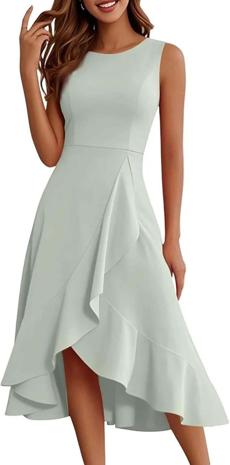 Summer Dresses for Women 2025 Sleeveless Flowy Midi Dress with Asymmetrical Hem, Elegant Wedding Guest Dresses