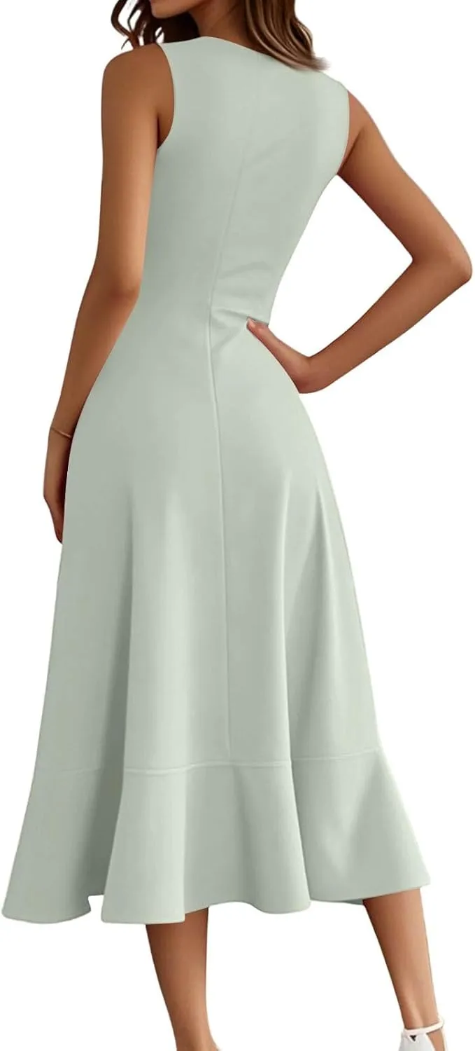 Summer Dresses for Women 2025 Sleeveless Flowy Midi Dress with Asymmetrical Hem, Elegant Wedding Guest Dresses