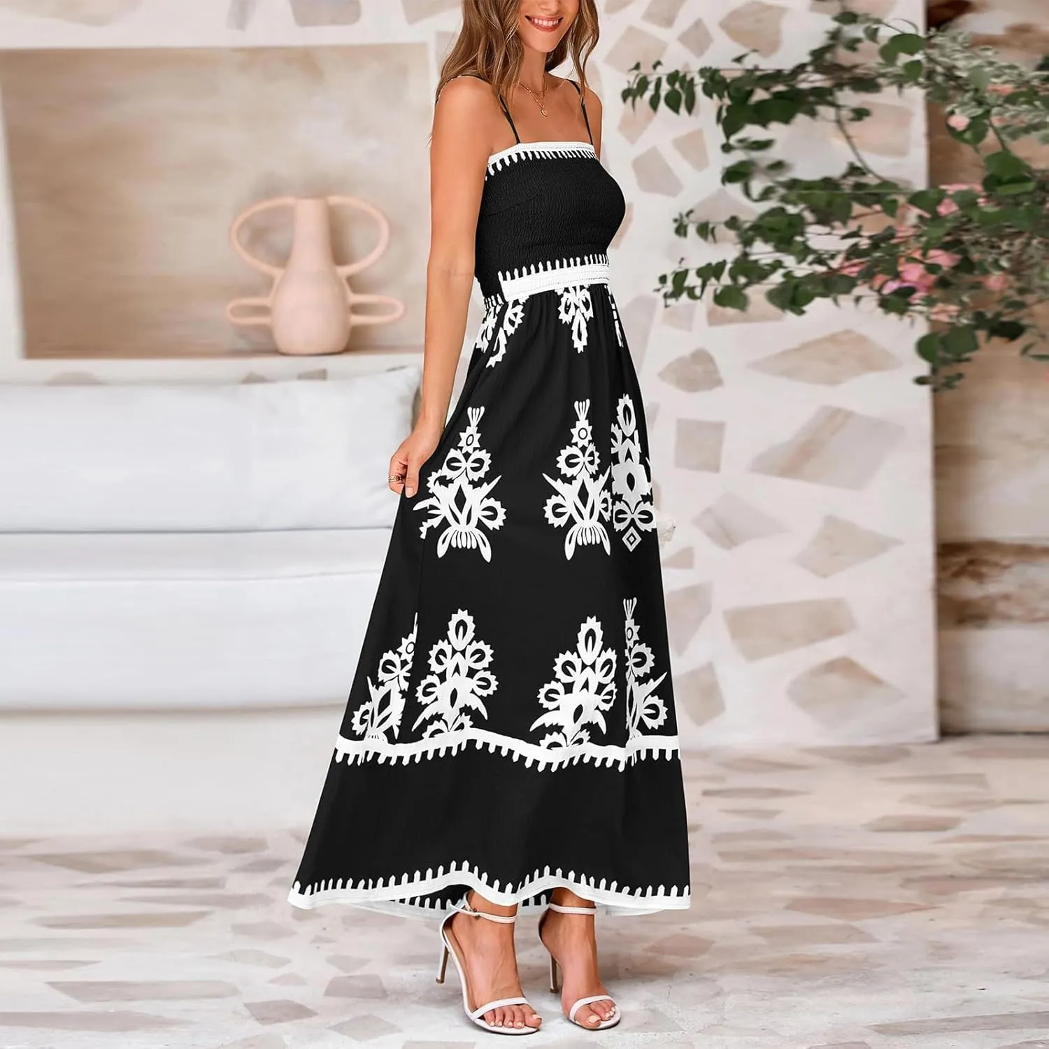 Summer Dresses for Women Elegant Spaghetti Strap Smocked Neck Sundresses with Pockets Vintage Printed Beach Dresses