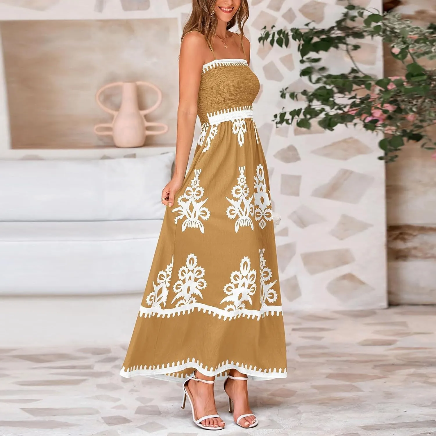 Summer Dresses for Women Elegant Spaghetti Strap Smocked Neck Sundresses with Pockets Vintage Printed Beach Dresses