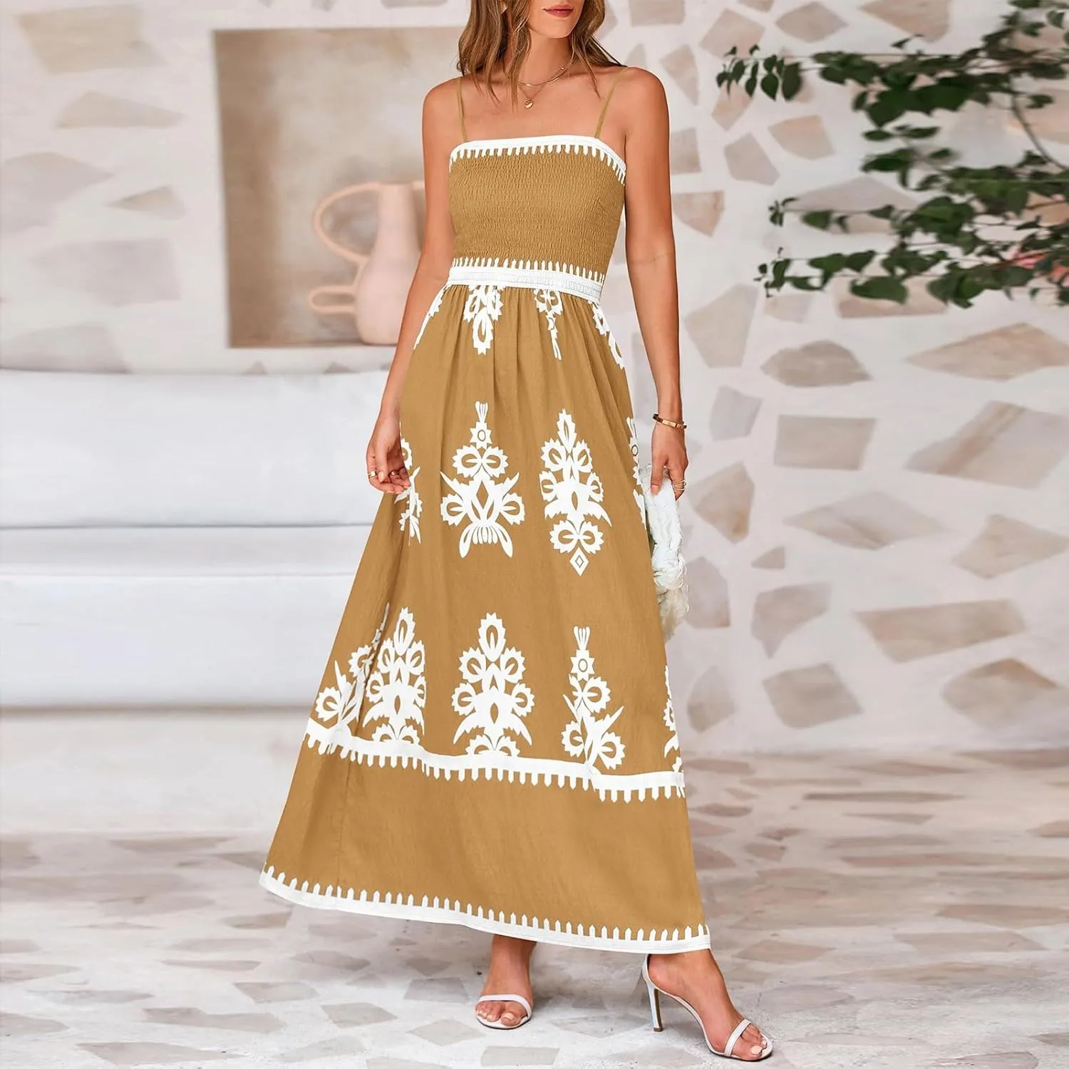 Summer Dresses for Women Elegant Spaghetti Strap Smocked Neck Sundresses with Pockets Vintage Printed Beach Dresses