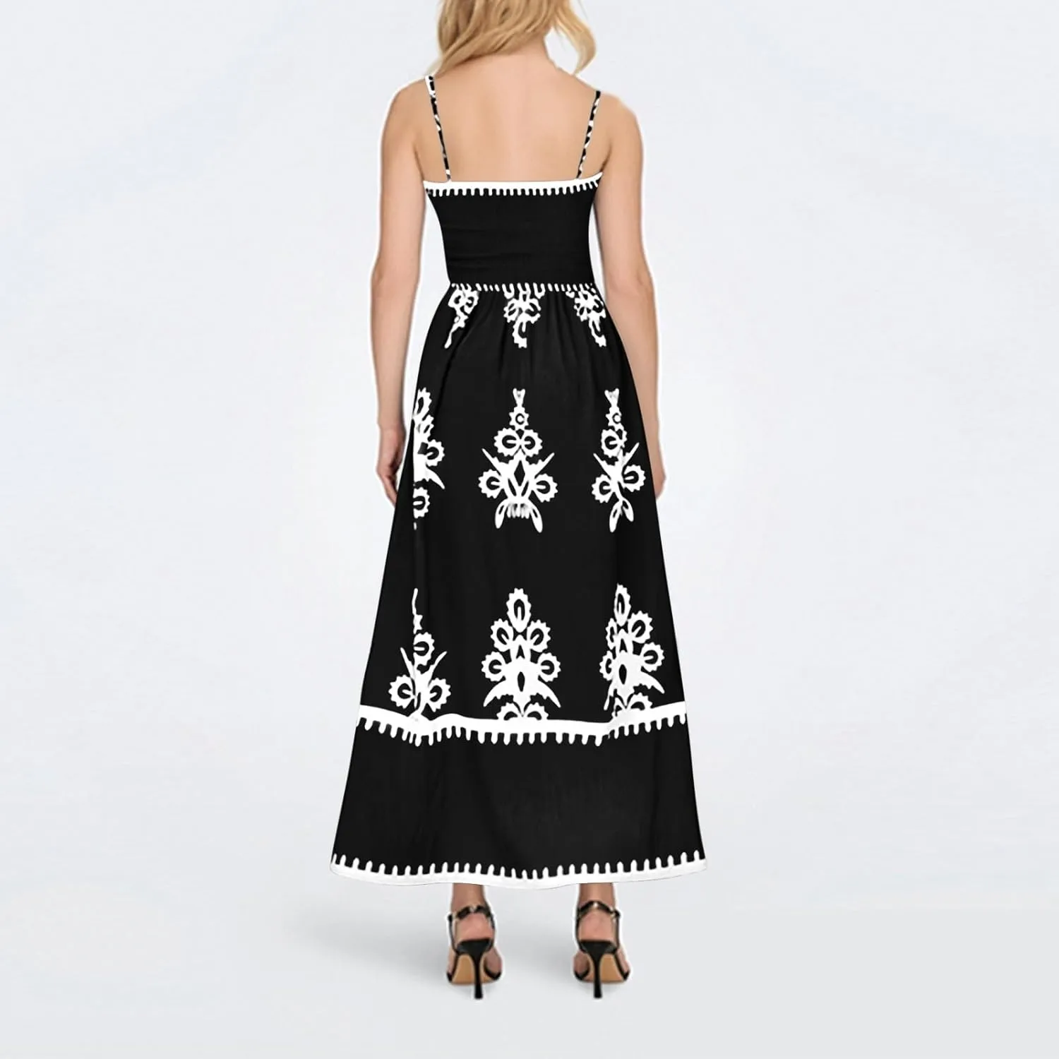 Summer Dresses for Women Elegant Spaghetti Strap Smocked Neck Sundresses with Pockets Vintage Printed Beach Dresses