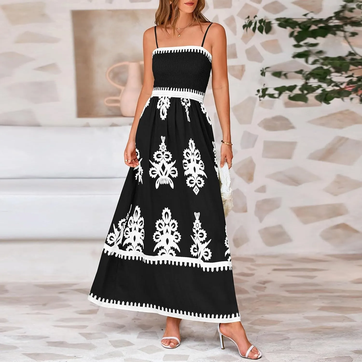 Summer Dresses for Women Elegant Spaghetti Strap Smocked Neck Sundresses with Pockets Vintage Printed Beach Dresses
