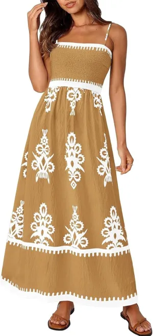 Summer Dresses for Women Elegant Spaghetti Strap Smocked Neck Sundresses with Pockets Vintage Printed Beach Dresses