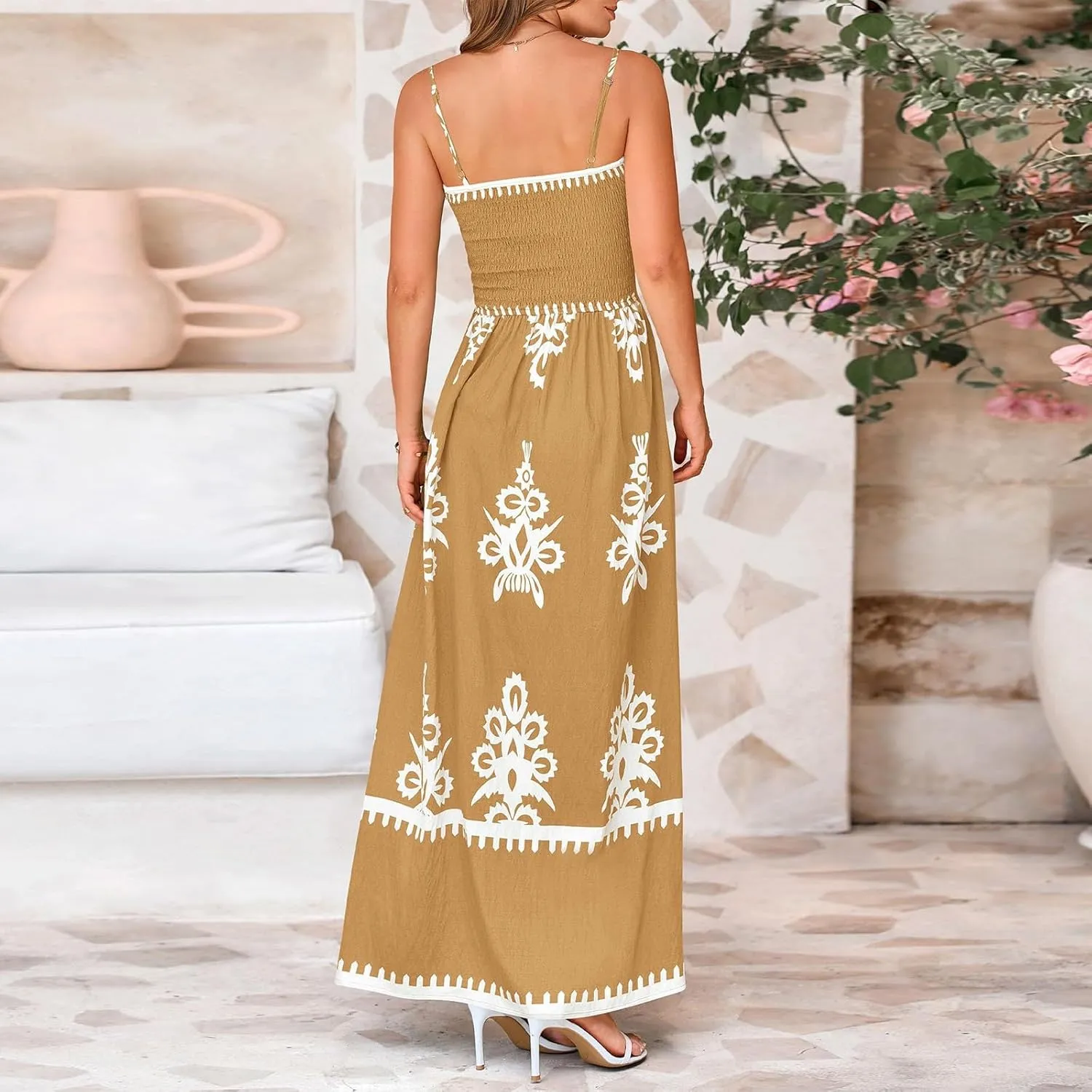 Summer Dresses for Women Elegant Spaghetti Strap Smocked Neck Sundresses with Pockets Vintage Printed Beach Dresses