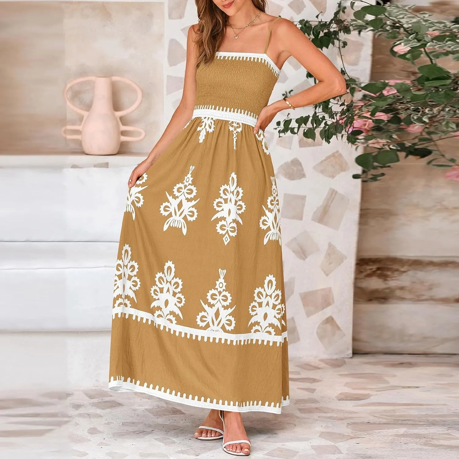 Summer Dresses for Women Elegant Spaghetti Strap Smocked Neck Sundresses with Pockets Vintage Printed Beach Dresses