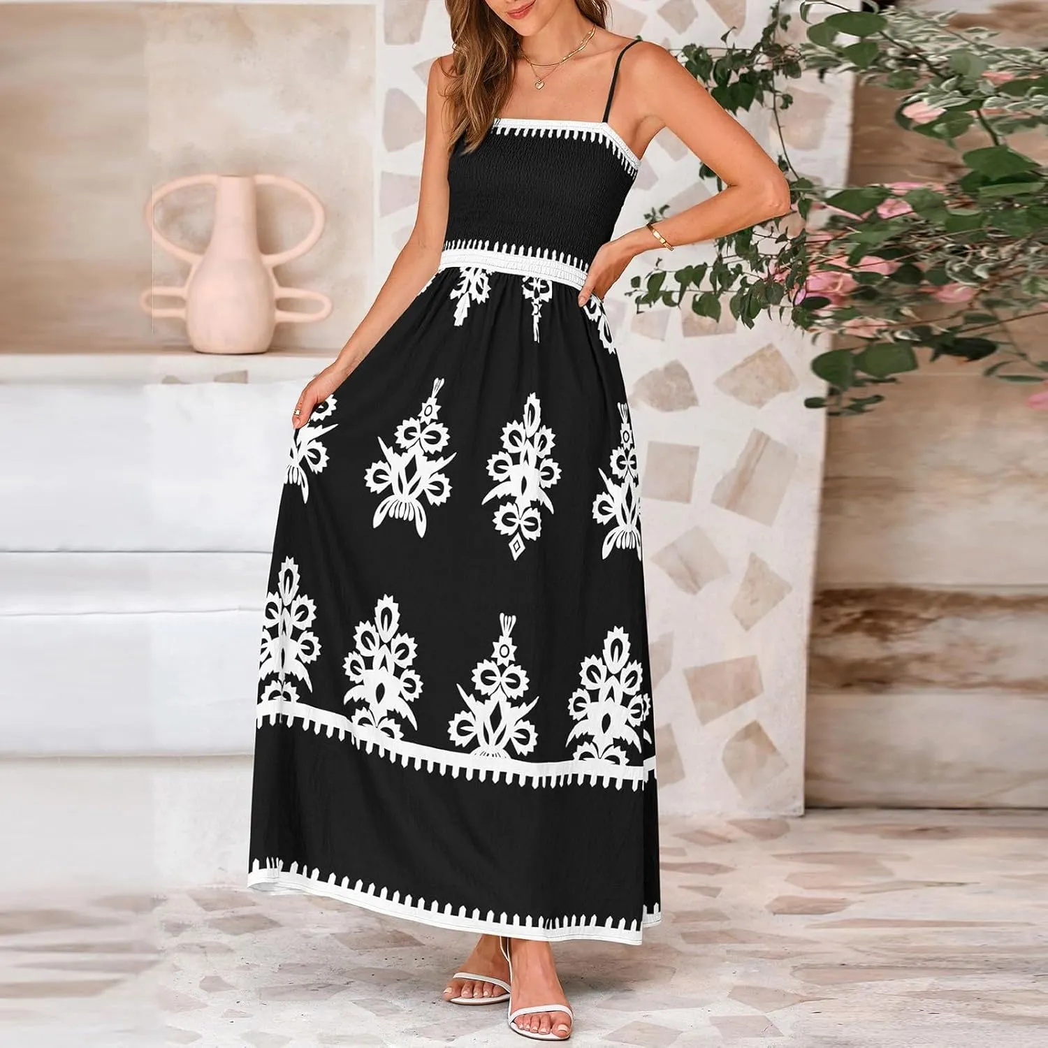 Summer Dresses for Women Elegant Spaghetti Strap Smocked Neck Sundresses with Pockets Vintage Printed Beach Dresses