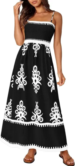 Summer Dresses for Women Elegant Spaghetti Strap Smocked Neck Sundresses with Pockets Vintage Printed Beach Dresses