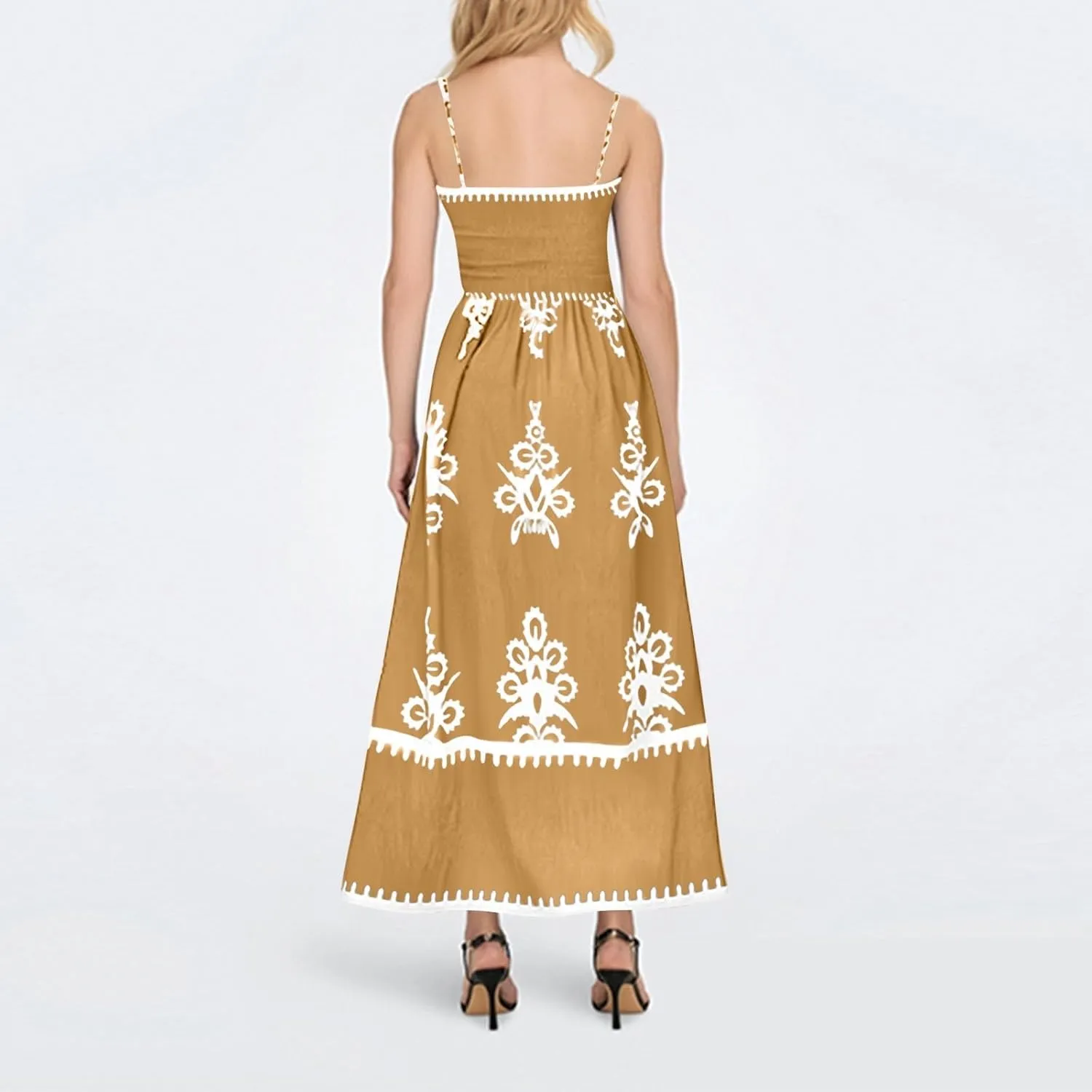 Summer Dresses for Women Elegant Spaghetti Strap Smocked Neck Sundresses with Pockets Vintage Printed Beach Dresses