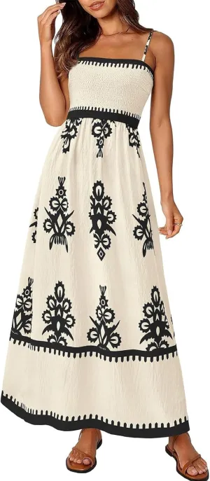 Summer Dresses for Women Elegant Spaghetti Strap Smocked Neck Sundresses with Pockets Vintage Printed Beach Dresses