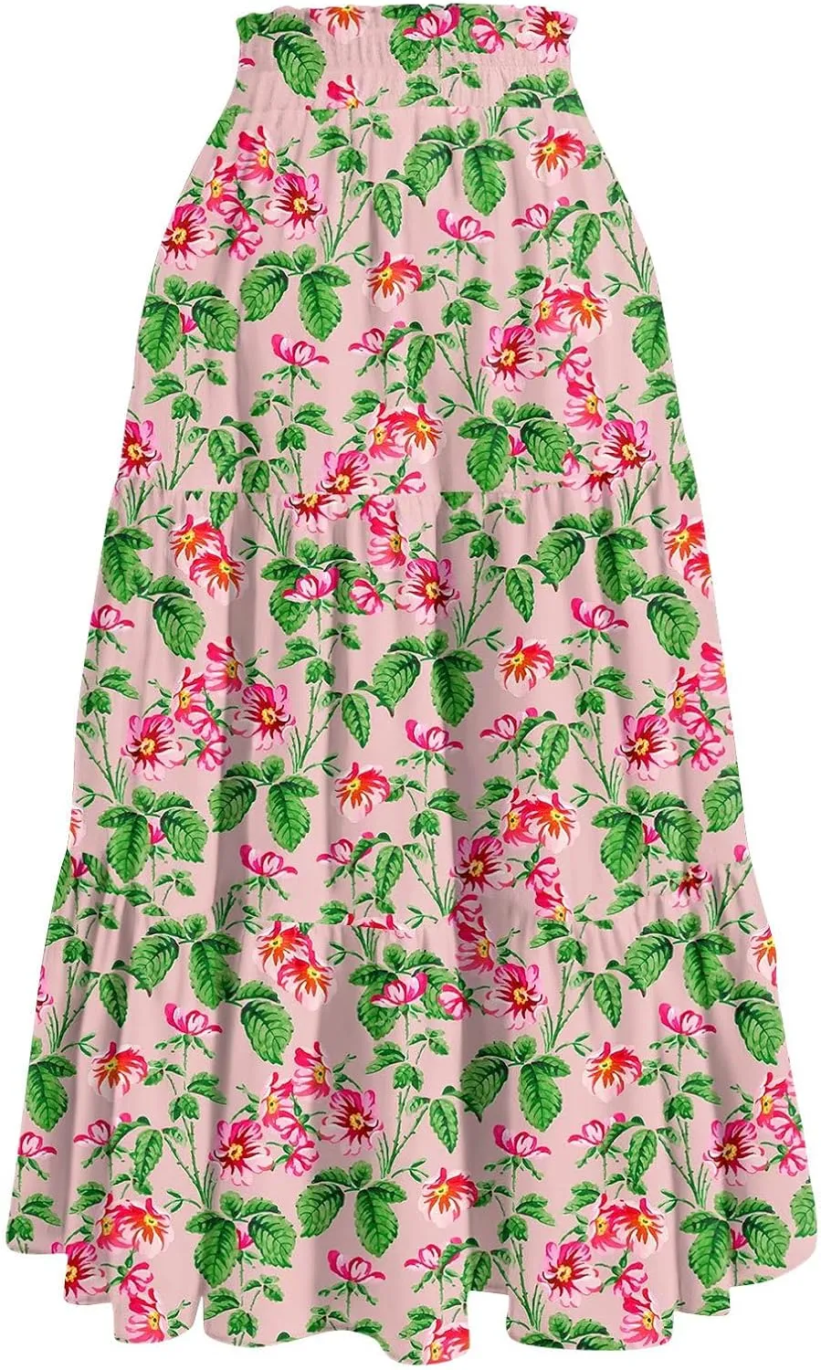 Summer Maxi Skirts for Women 2025 Boho Drawstring Elastic High Waist Long Skirts A Line Floral Pleated Tiered Skirt
