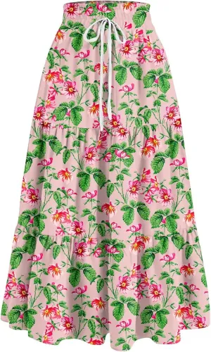 Summer Maxi Skirts for Women 2025 Boho Drawstring Elastic High Waist Long Skirts A Line Floral Pleated Tiered Skirt