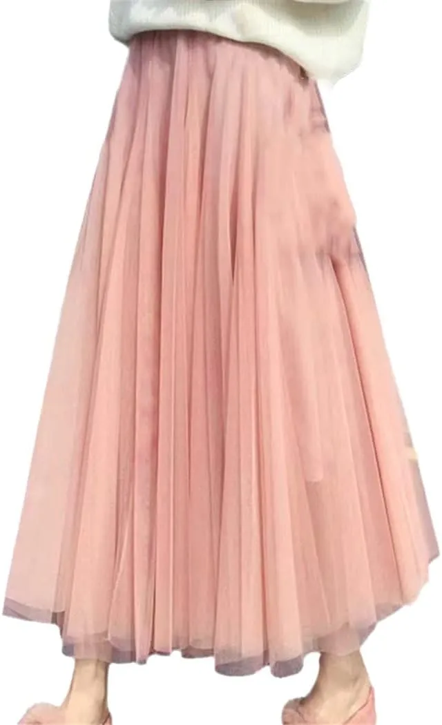 Summer Tulle Skirts, Womens Midi Pleated Skirts, Black Tulle Skirt, Spring Elastic High Waist Mesh Tutu Skirts