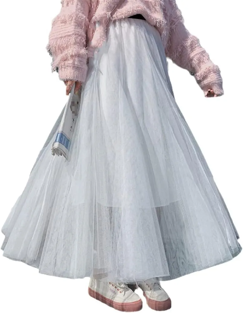 Summer Tulle Skirts, Womens Midi Pleated Skirts, Black Tulle Skirt, Spring Elastic High Waist Mesh Tutu Skirts