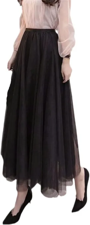 Summer Tulle Skirts, Womens Midi Pleated Skirts, Black Tulle Skirt, Spring Elastic High Waist Mesh Tutu Skirts