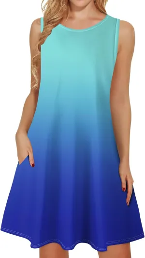Sundresses for Women 2025 Summer Vacation Beach Dresses Elegant Crew Neck Sleeveless Midi Dress with Pockets