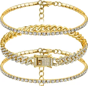 Sureio 3 Pcs Anklets Bracelet for Women Adjustable Diamond Tennis Cuban Style Link Anklets for Women Wedding Fashion Gifts