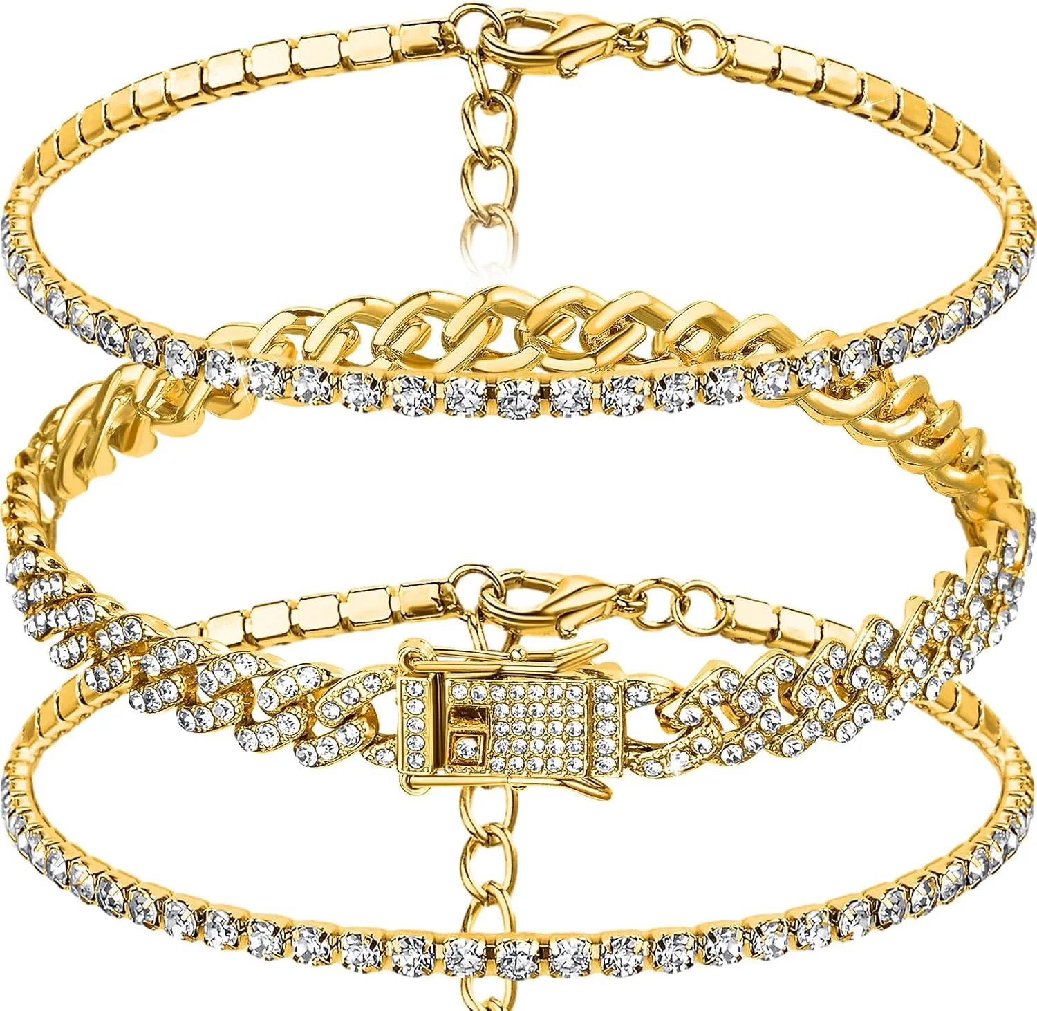 Sureio 3 Pcs Anklets Bracelet for Women Adjustable Diamond Tennis Cuban Style Link Anklets for Women Wedding Fashion Gifts