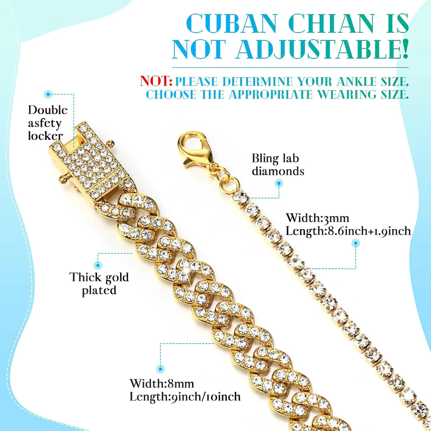 Sureio 3 Pcs Anklets Bracelet for Women Adjustable Diamond Tennis Cuban Style Link Anklets for Women Wedding Fashion Gifts