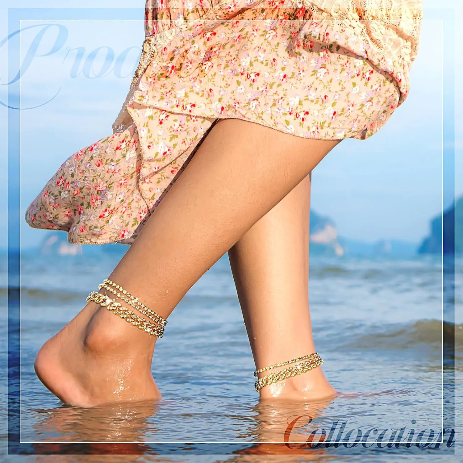Sureio 3 Pcs Anklets Bracelet for Women Adjustable Diamond Tennis Cuban Style Link Anklets for Women Wedding Fashion Gifts