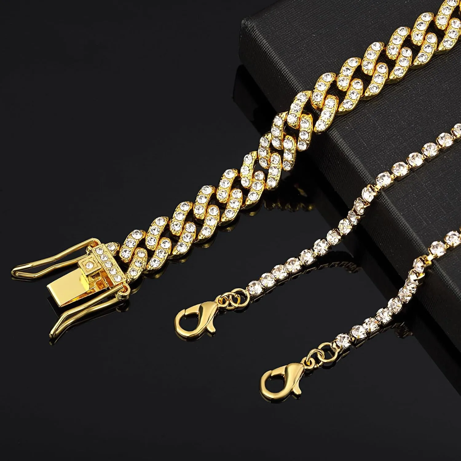 Sureio 3 Pcs Anklets Bracelet for Women Adjustable Diamond Tennis Cuban Style Link Anklets for Women Wedding Fashion Gifts