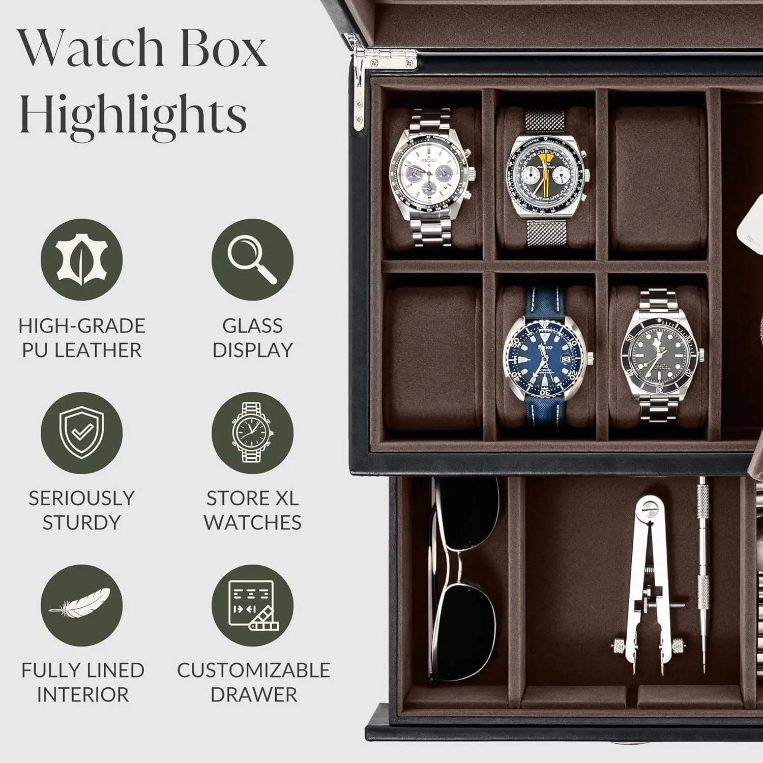 TAWBURY 6 Slot Watch Box for Men - Luxury Watch Box with Storage Drawer | Mens Jewelry Box with Watch Storage | Watch Display Case | Watch Boxes for Men (Black)