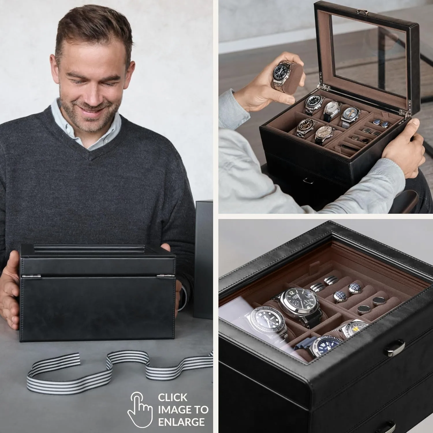 TAWBURY 6 Slot Watch Box for Men - Luxury Watch Box with Storage Drawer | Mens Jewelry Box with Watch Storage | Watch Display Case | Watch Boxes for Men (Black)