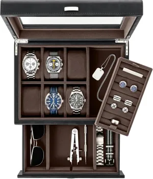 TAWBURY 6 Slot Watch Box for Men - Luxury Watch Box with Storage Drawer | Mens Jewelry Box with Watch Storage | Watch Display Case | Watch Boxes for Men (Black)